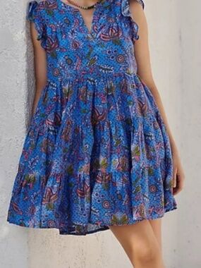 25% Silk Roller Rabbit Pippa Amanda Star Dress Size Small Blue Floral Print